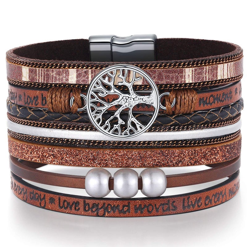 Desimtion Grandma Gifts from Granddaughter Grandson Wrap Around Boho Buckle Stacking Multilayer Leather Wide layered Tree of Life Bracelets Mothers Day 50th 60th Birthday Gifts for Women Mom - Image 1